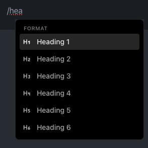 Filtered slash commands menu