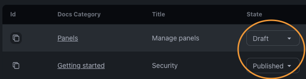Table with "State" column with a dropdown to choose between "Draft" and "Published"
