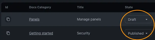 Table with "State" column with a dropdown to choose between "Draft" and "Published"