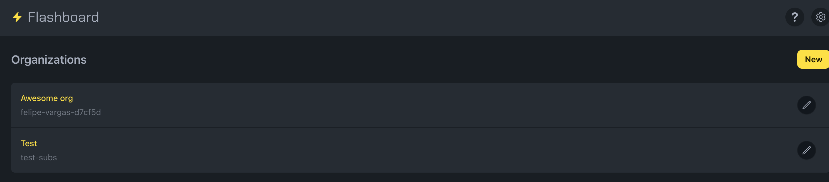Screenshot of the organizations management page showing the settings interface where users can view and edit their organizations