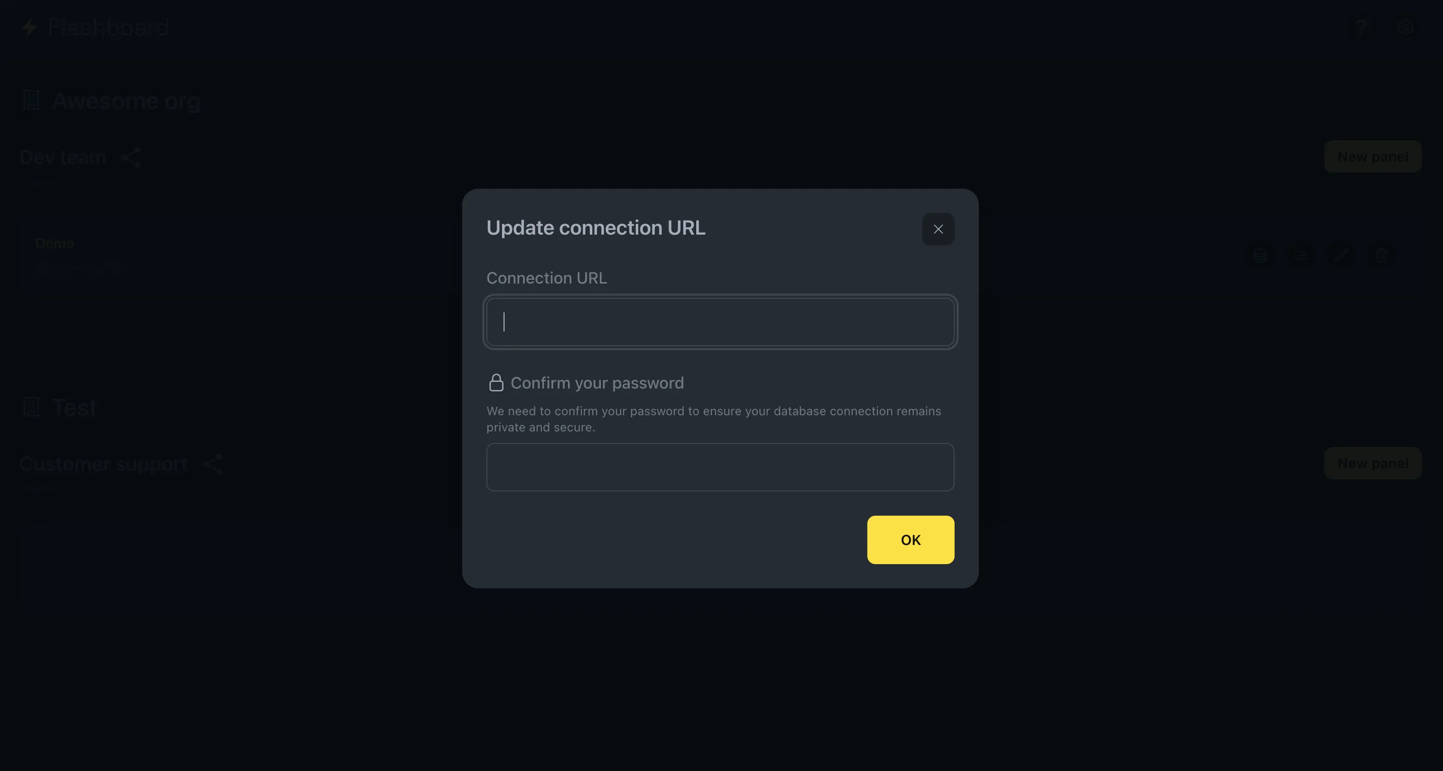 Screenshot of the connection URL update form with an input field for the new database connection string and a password confirmation field