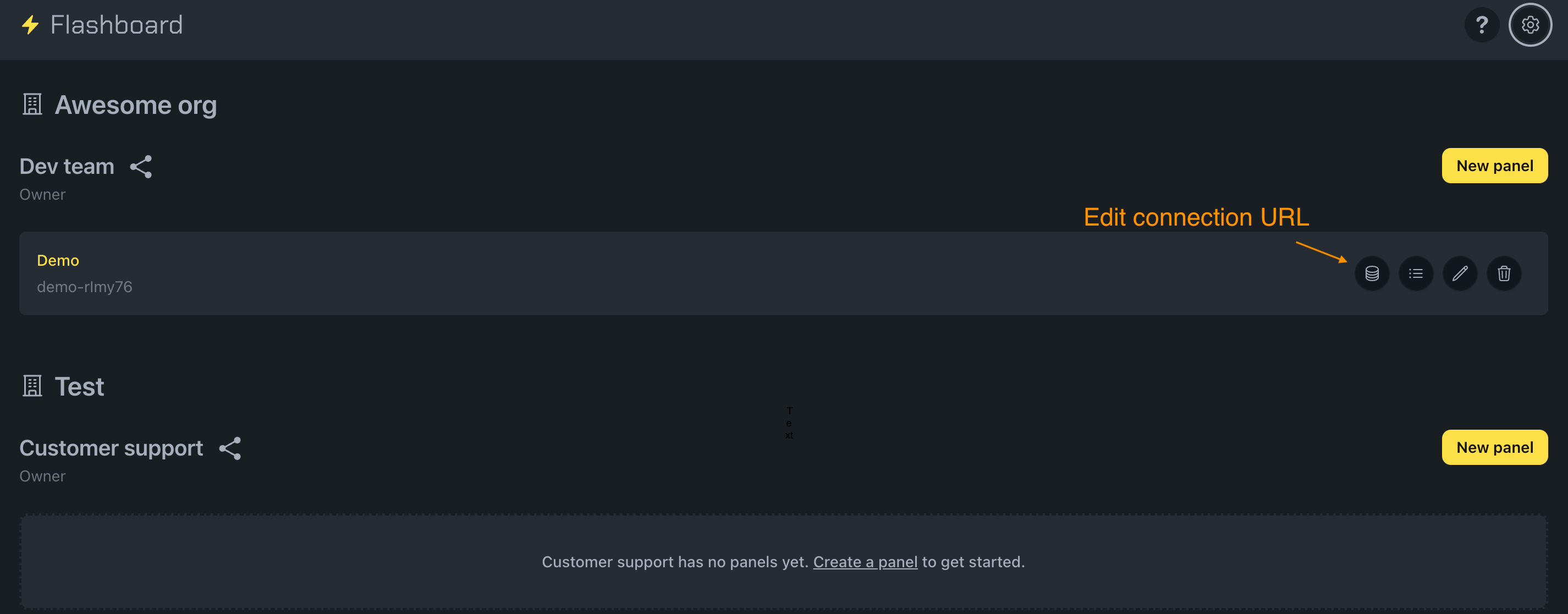 Screenshot highlighting the database icon button on a panel card that opens the connection URL update form