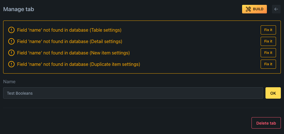 Warnings showing fields not found in database