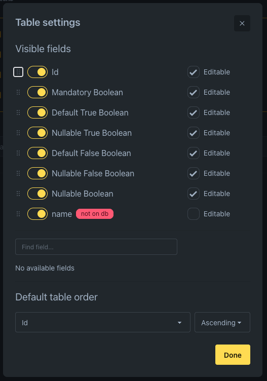 Table settings showing field marked as not on db