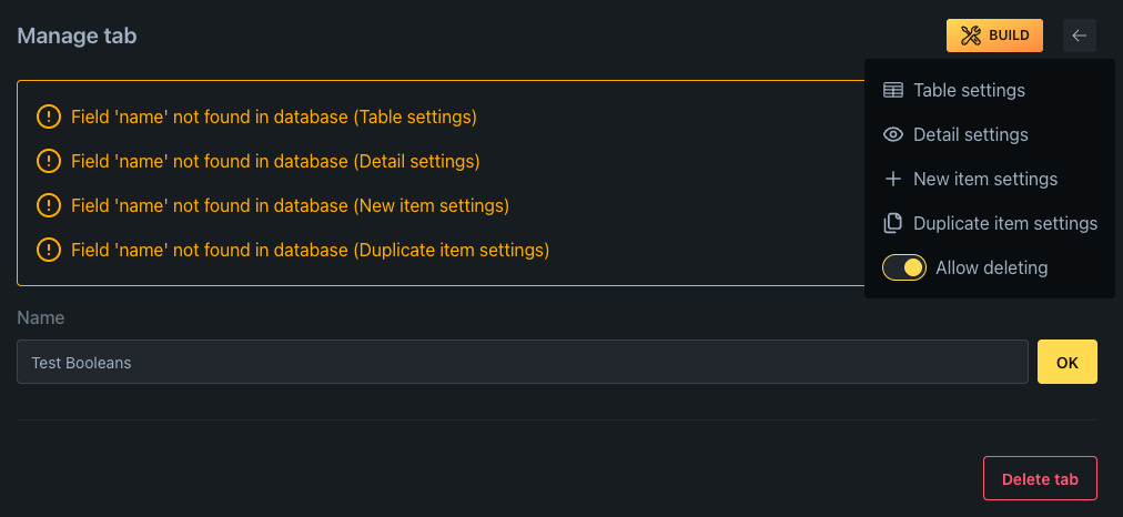 Build menu showing settings options
