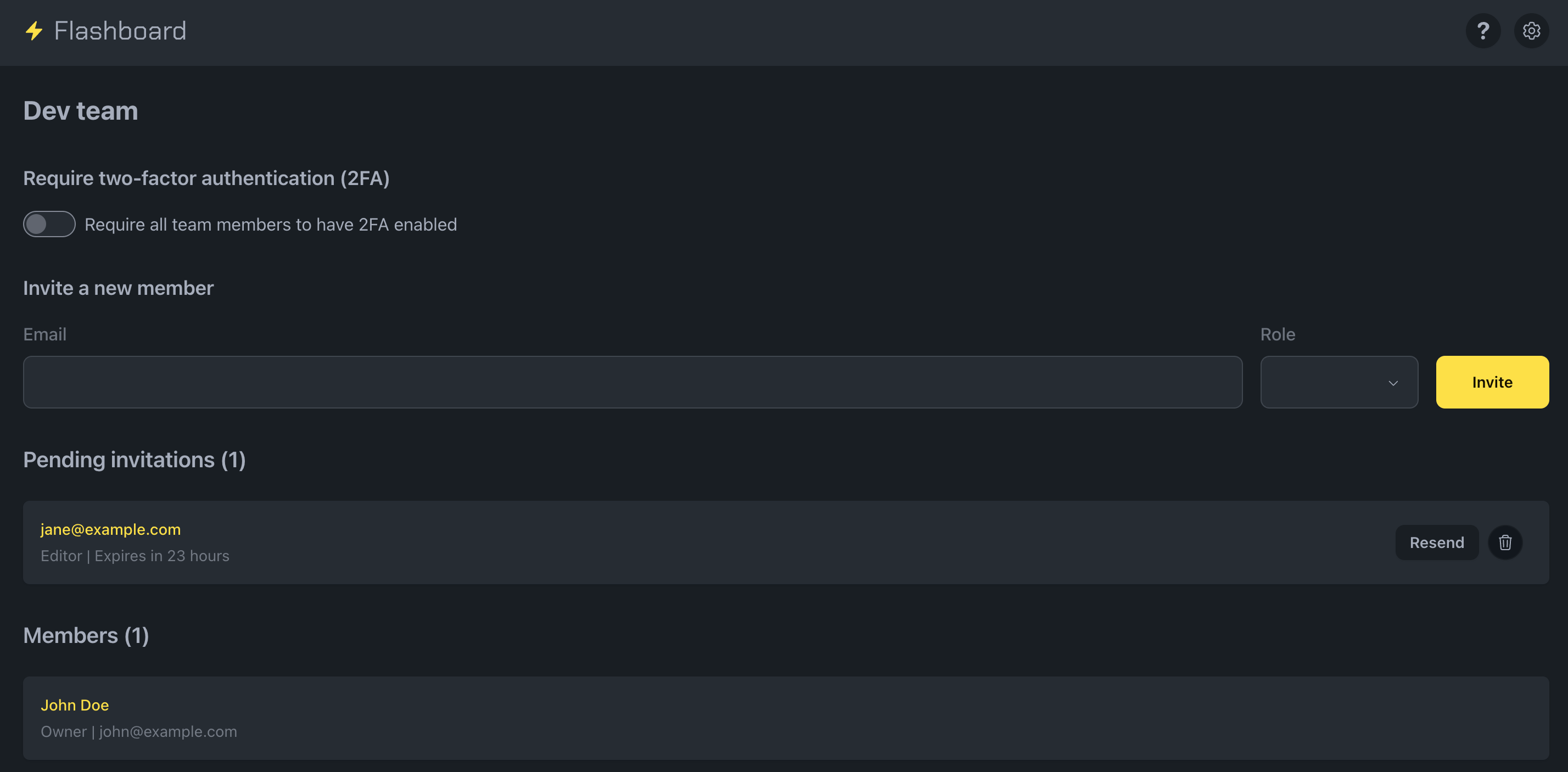 Team settings displaying pending invitation for jane@example.com with expiration time and action buttons