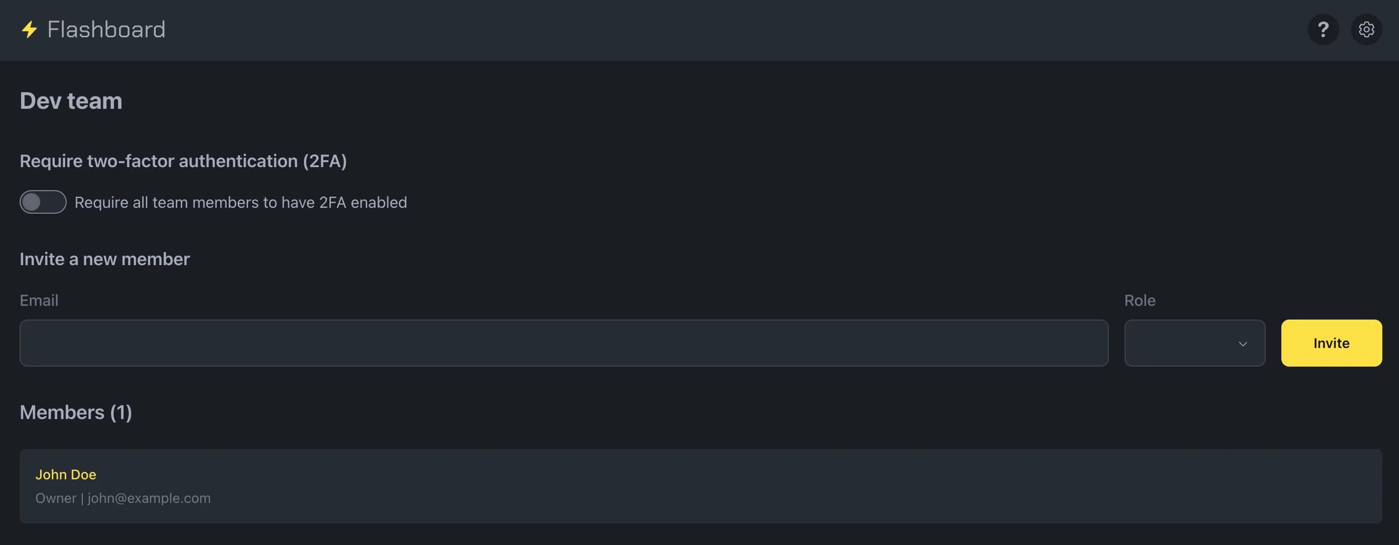 Dev team settings page showing 2FA toggle, member invitation form, and current members list