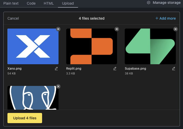 Screen with 4 files to upload