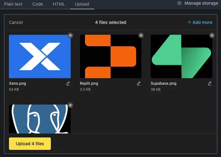 Screen with 4 files to upload