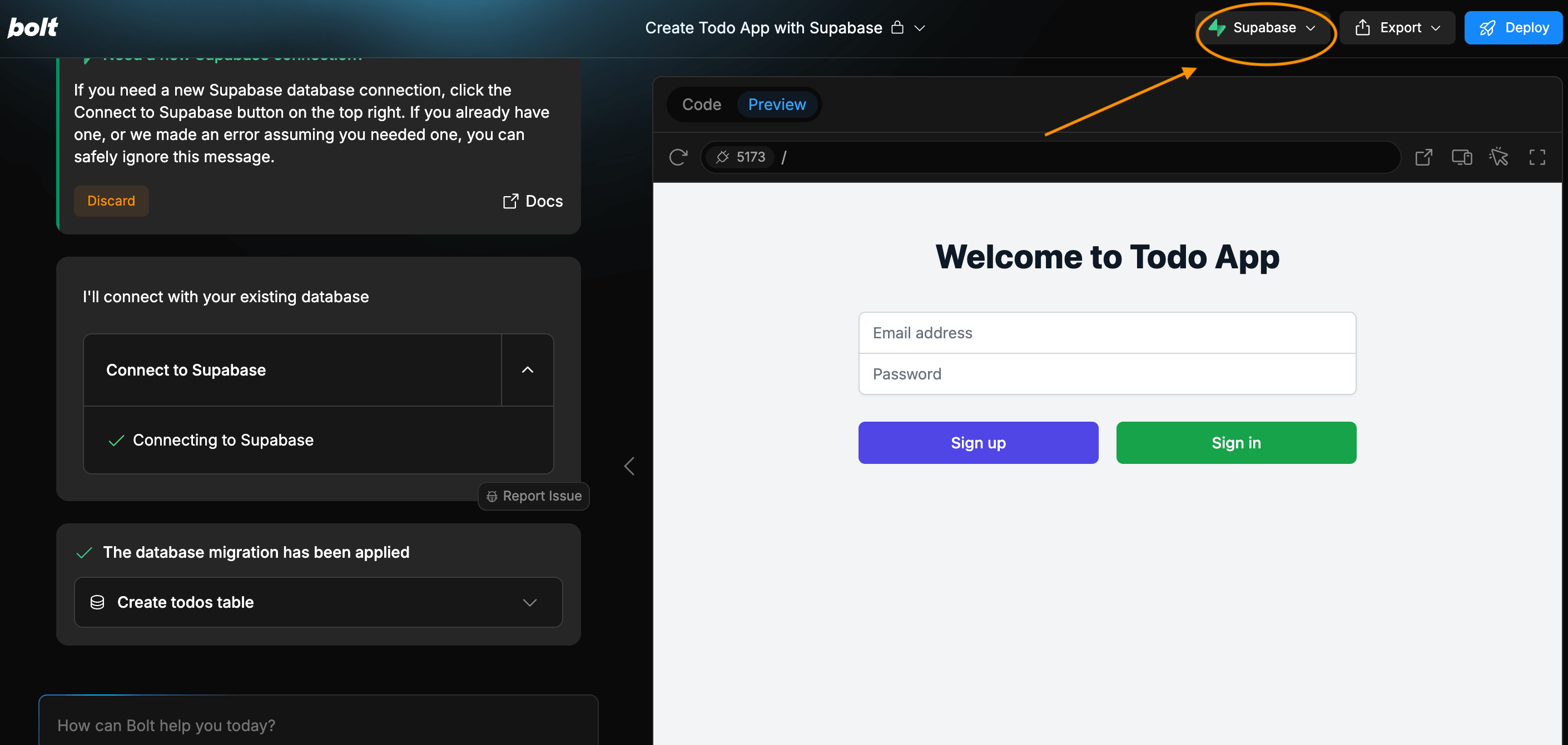 Bolt Supabase button