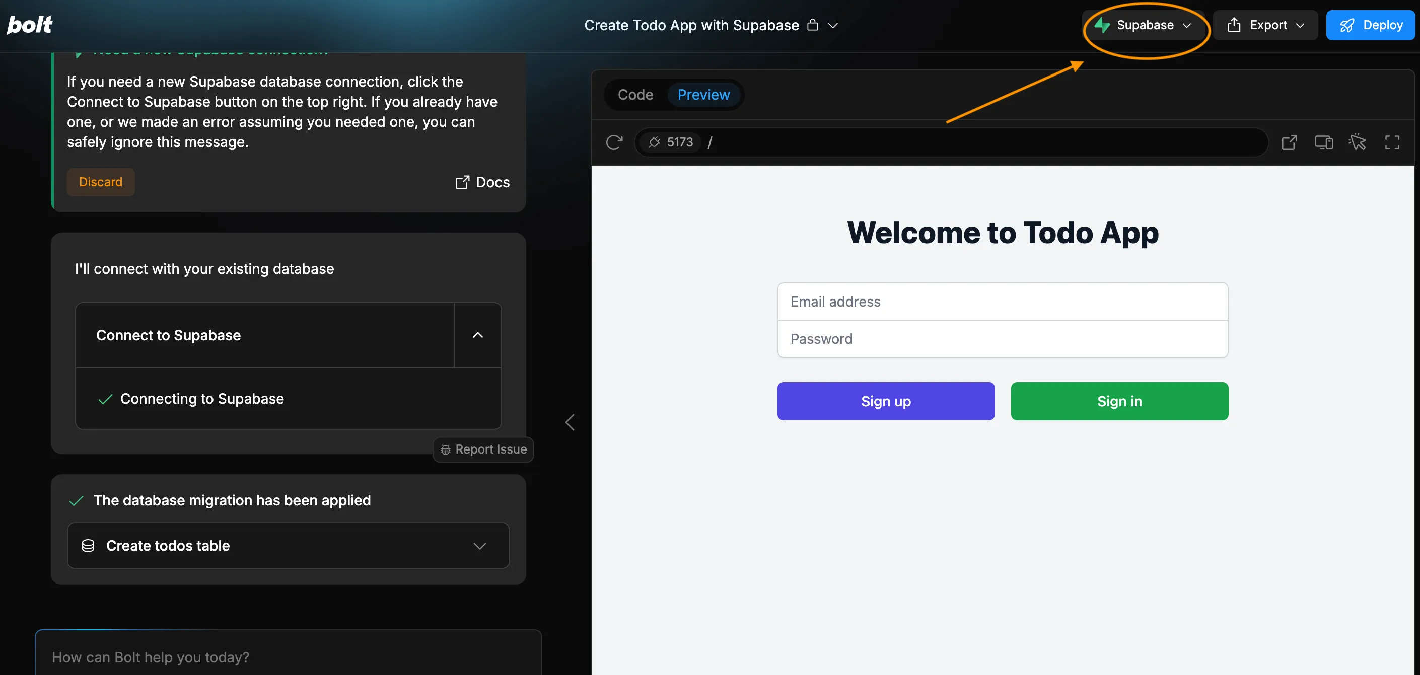 Bolt Supabase button