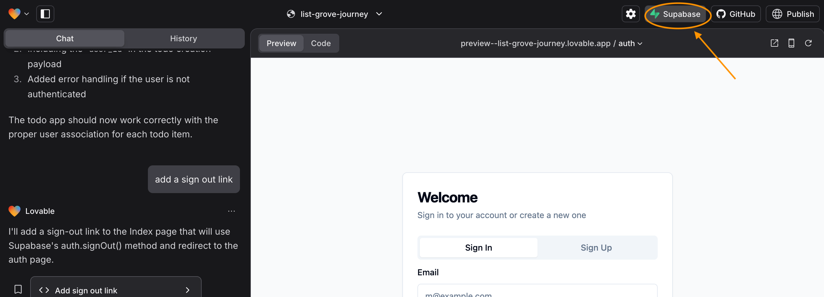 Lovable Supabase button