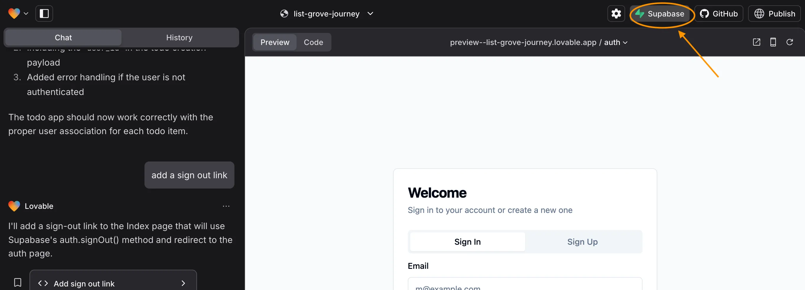 Lovable Supabase button