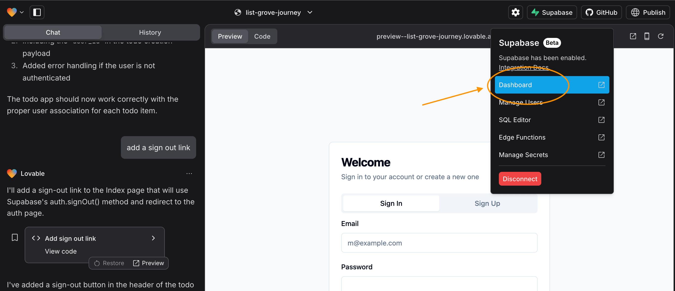 Lovable Supabase menu