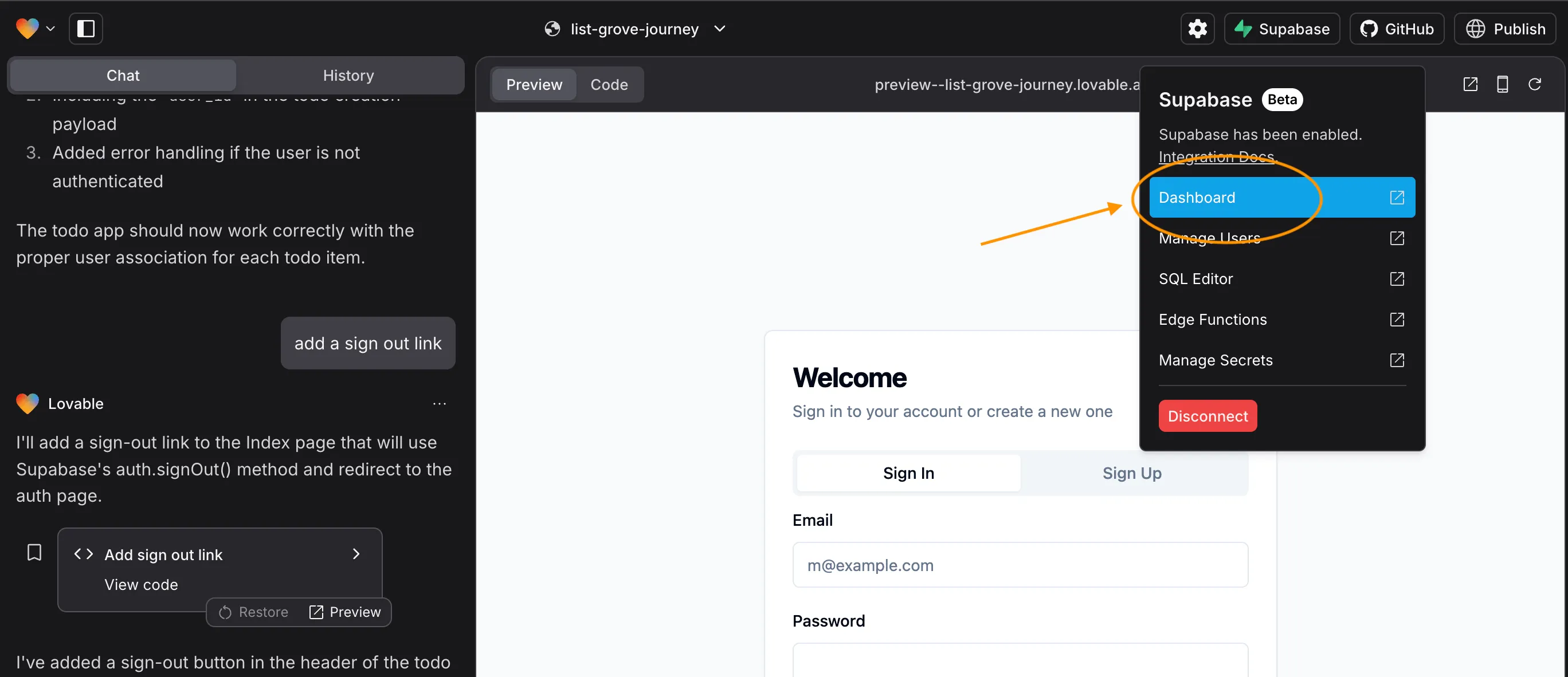 Lovable Supabase menu