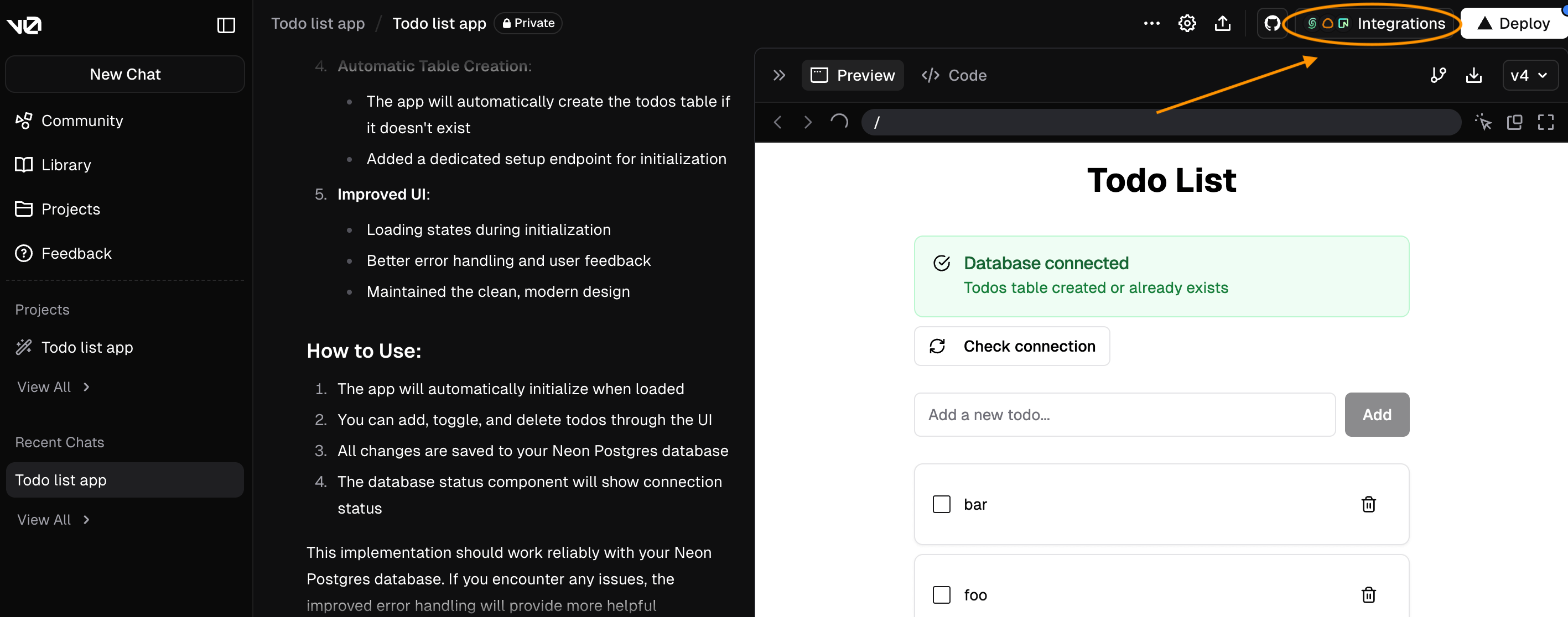 v0 integrations button
