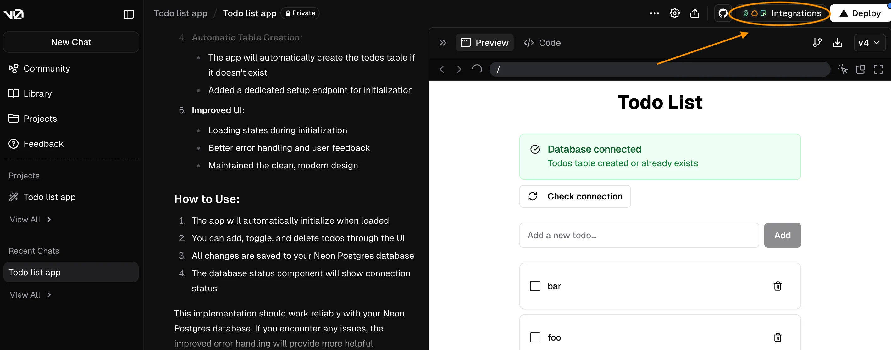 v0 integrations button